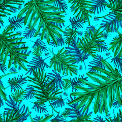 Watercolor seamless pattern with tropical leaves. Beautiful allover print with hand drawn exotic plants. Swimwear botanical design.	
