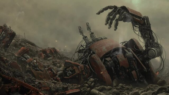 After the war, the wreckage of destroyed robots is smoking, science fiction, concept of the future.