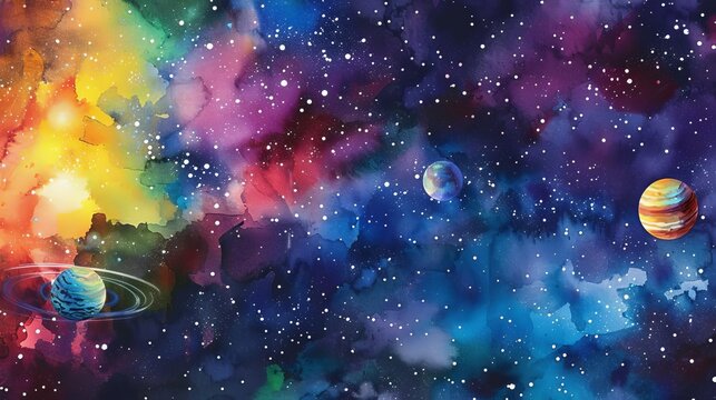 watercolor galaxy illustration with planets stars and nebulas in vibrant colors cosmic space art