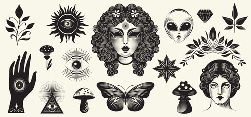 Set of magic esoteric symbols in vintage style, etching , monochrome logos design - 786572655