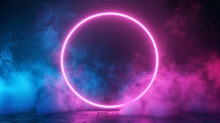 Neon light ring frame with smoke. Round border glow of blue and pink colors. Led circle portal with fog on a black background. Laser electrical shape template for design under text. - obrazy, fototapety, plakaty