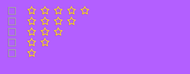 Gold, gray five stars shape on a purple background. Rating stars with tick. Feedback evaluation. Rank quality. Banner.