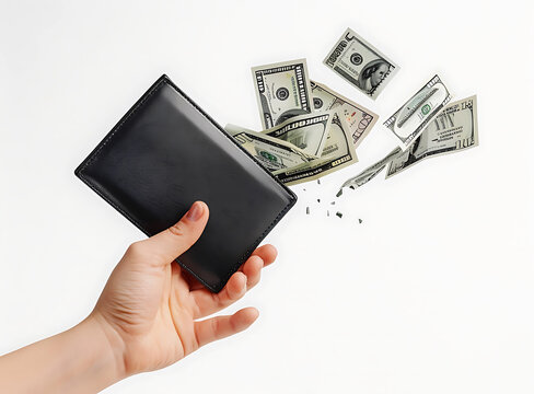 A person's hand is holding an open black wallet, with several dollar bills flying out of it on white background, generative AI 