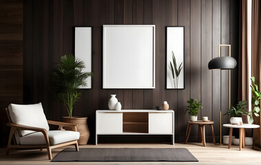 A poster mock-up features vertical frames adorning a dark wooden wall in a stylish living room, complemented by a sleek cabinet design