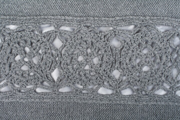 Sweater or scarf fabric texture large knitting. Knitted jersey background with a relief pattern. Braids in knitting . Wool hand- machine, handmade,Crocheting