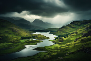 Green valley with river under dark cloudy sky