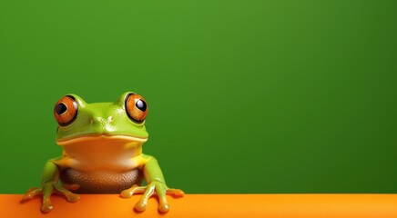 Red eyed tree frog face portrait closeup, studio green background with empty space
