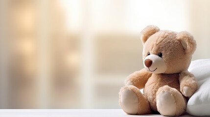 Teddy Bear on the bed, kids room background with empty space