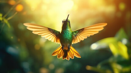 Hummingbird in flight. Colibri little bird closeup front view