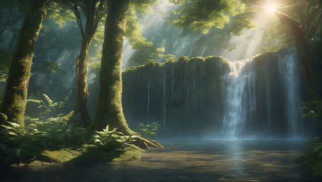 A serene image of a hidden waterfall in a lush forest, with sunlight filtering through the canopy ULTRA HD 8K