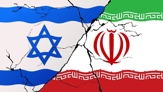 4K Israel vs Iran War, Dispute between Israel and Iran. Tensions between Israel and Iran. Israeli and Iranian flag facing each war conflict flag waving video.