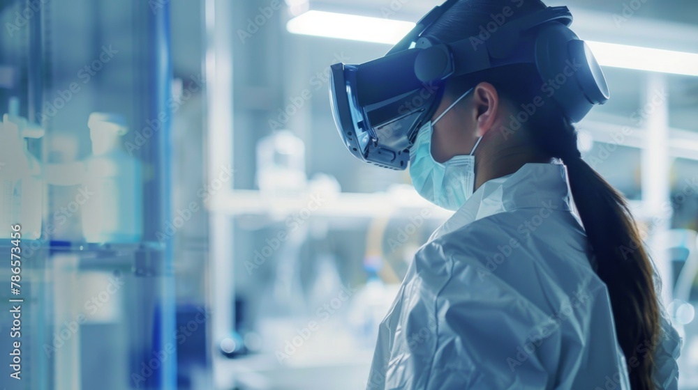 Poster Scientist in Lab Coat Using Virtual Reality Headset in High-Tech Lab