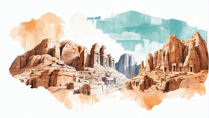 Petra and Amman cityscape double exposure contemporary style minimalist artwork collage illustration.