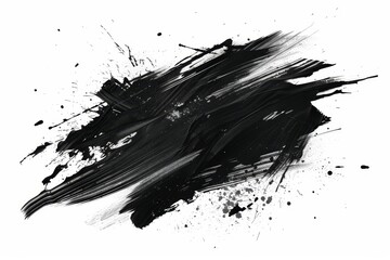 A black and white painting of a brush stroke with a lot of black paint splatters - obrazy, fototapety, plakaty