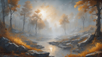 Gloom landscape with shades of gold and grey, nature river tress covered in misty fog ULTRA HD 8K