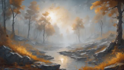 Fototapeten Gloom landscape with shades of gold and grey, nature river tress covered in misty fog ULTRA HD 8K © Moonish1