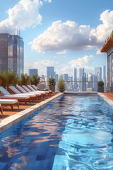 A chic rooftop pool with lounge chairs, cabanas, and skyline views