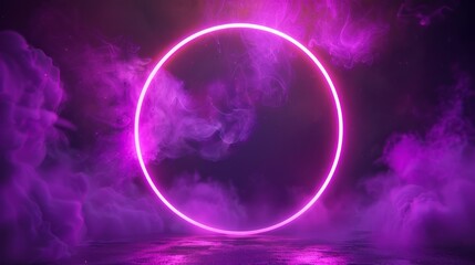 Neon light frame with smoke. Ring portal with laser glow. Abstract 3d led circle border. Round purple shape with clouds and fog in the background. Fluorescent pink template for text.