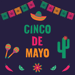 Cinco de Mayo - vector banner with maracas, cacti, flags, avocados, lemons, flowers, chili peppers. Vector illustration.