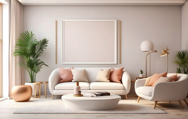 Empty Blank White Mock-up poster frame in modern interior background design