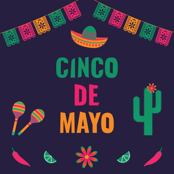 Cinco de Mayo - vector banner with maracas, cacti, flags, avocados, lemons, flowers, chili peppers. Vector illustration.