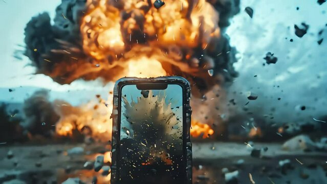 A cell phone captures the cloud from a nuclear explosion on camera, documenting the moment of destruction and danger, conveying the aftermath of a catastrophic event.