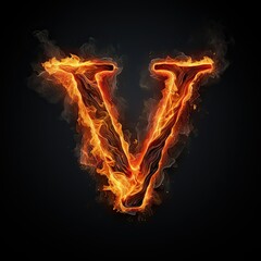 Lava letter V. Fiery stone alphabet font. Burning stone with orange inferno veins and fire.