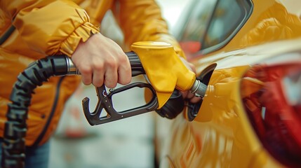 A person standing at a gas pump, inserting the nozzle into a cars fuel tank - obrazy, fototapety, plakaty