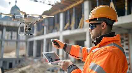 Engineer Conducting Aerial Survey of Construction Site. Concept Engineering, Aerial Survey, Construction Site, Drone Technology, Geospatial Mapping - obrazy, fototapety, plakaty