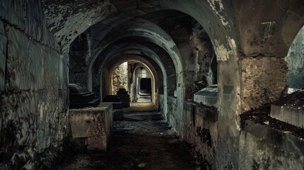 Fototapeta premium Haunted catacombs filled with ancient tombs and eerie whisper. Burial places, ghosts, paranormal, skulls, bones, dust, dampness, not a soul, underground structure, mysticism, fear. Generative by AI