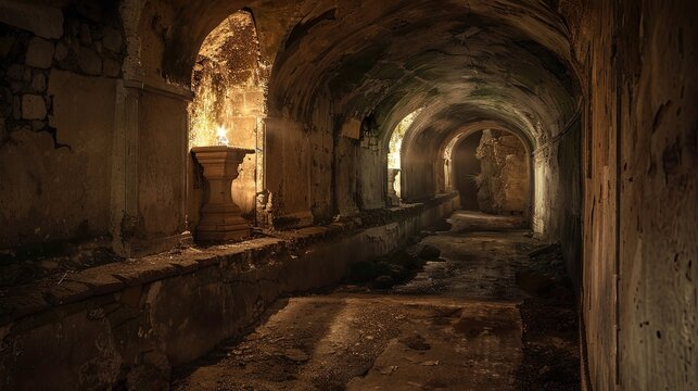 Haunted catacombs filled with ancient tombs and eerie whisper. Burial places, ghosts, paranormal, skulls, bones, dust, dampness, not a soul, underground structure, mysticism, fear. Generative by AI
