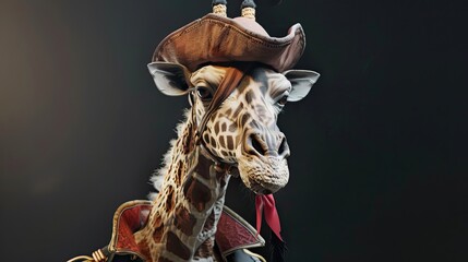 Giraffe in a pirate costume. Mascot, wild animal, zoo, closeup, animal in human costume, funny and unusual picture. The giraffe has a sad face, as if he doesnt like the outfit. Generative by AI