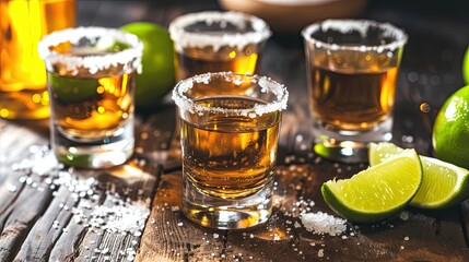 Tequila shot served with salt and lemon. Alcohol, glass, bar, club, vintage, wood. Casual evening in stylish place where people enjoy aromatic drinks and company of friends concept. Generative by AI
