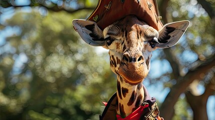 Giraffe in a pirate costume. Mascot, wild animal, zoo, closeup, animal in human costume, funny and unusual picture. The giraffe has a sad face, as if he doesnt like the outfit. Generative by AI - obrazy, fototapety, plakaty