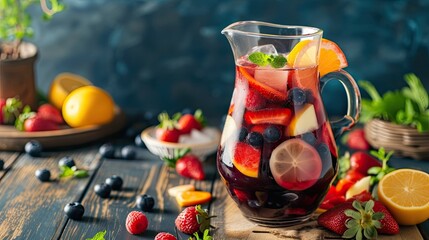 Fruity sangria pitcher filled with fresh sliced fruit, red wine. The establishment signature drink, affordable beverage, homemade cocktail, vitamins, healthy eating, natural product. Generative by AI - obrazy, fototapety, plakaty