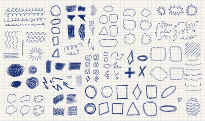 A set of hand-drawn sketches. Lines, arrows shapes, scribbles, frames and strokes. A piece of lined paper, shown a creative, abstract designs. Notebook page pen and markers doodles.