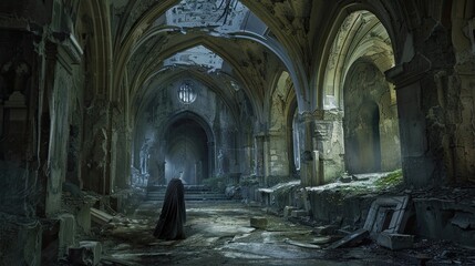Naklejka premium Forgotten catacombs beneath a ruined cathedral, remains of lost civilization. Mysticism, paranormalism, people in hoods, creepy place, dust, dampness, underground structure, fear. Generative by AI