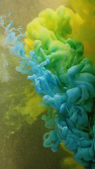 Smoke mix. Ink water flow. Bright green yellow blue color vapor cloud liquid texture paint motion...