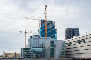 Construction of skyscrapers near central station in downtown Utrecht, The Netherlands