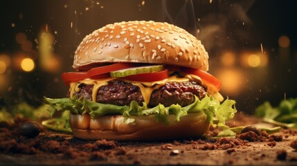 A delectable close-up of a fresh, juicy burger isolated on rustic paper, each ingredient showcased in striking clarity with 4k resolution