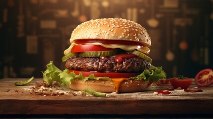 A delectable close-up of a fresh, juicy burger isolated on rustic paper, each ingredient showcased in striking clarity with 4k resolution - obrazy, fototapety, plakaty