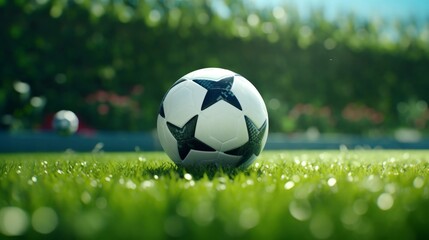 A pristine soccer ball lies on the lush green of the midfield, the stadium's energy palpable in this 4k close-up - obrazy, fototapety, plakaty