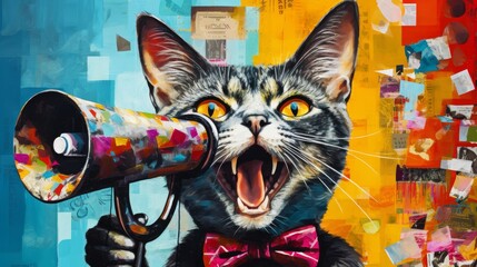 A quirky cat with a megaphone commands attention in this art collage, symbolizing business announcements and team leadership in vibrant 4k