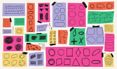 A collage of different colored papers with a variety of hand-drawn sketches and doodles. Lines, arrows shapes, scribbles, frames and strokes. Notebook page pen and markers doodles.