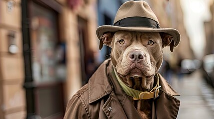 Serious detective dog in a raincoat and hat, with a serious face, investigates a crime scene. His focused expression shows determination to solve the case. Generative by AI - obrazy, fototapety, plakaty