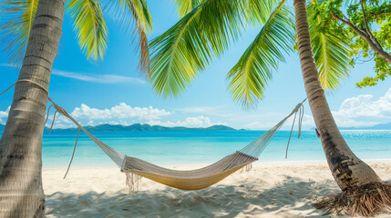 Fototapeta premium A hammock strung between two palm trees on the beach of an island in the Maldives