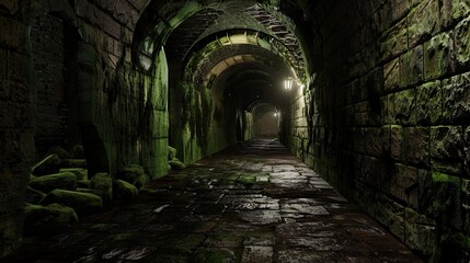 Dimly lit dungeon corridor surrounded by moss-covered stone wall. Gloomy place, ghosts, paranormal, gothic, middle ages, ruins, dust, dampness, underground structure, mysticism. Generative by AI - obrazy, fototapety, plakaty