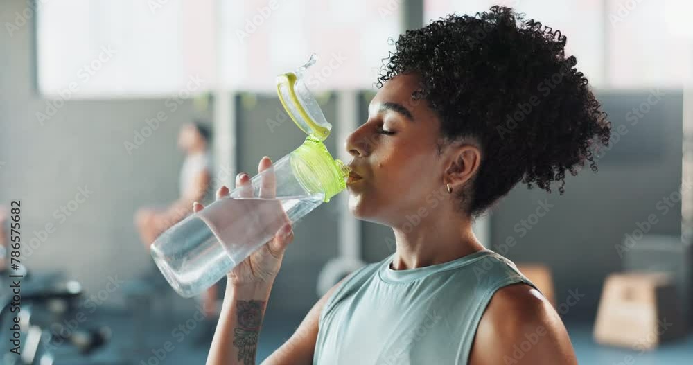 Poster Gym, workout and water bottle for female athlete, studio and fitness and training. Woman, sports club and exercise for wellness and muscle, hydration and performance challenge in health facility