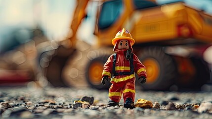 Fototapeta premium A little fireman figure stands ready with a construction site backdrop.