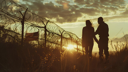A man and woman are seen in silhouette after breaching a border fence on the southern border of the USA. They have gone through a broken barbed wire fence. A USA flag can be seen in the distance